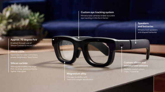 Illustration of smart glasses with labeled components.