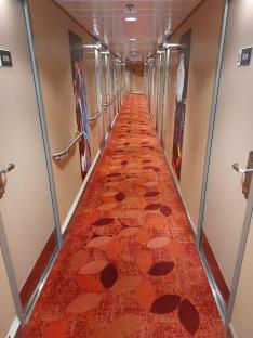 Ship hallway with orange leaf patterned carpet and numbered doors.