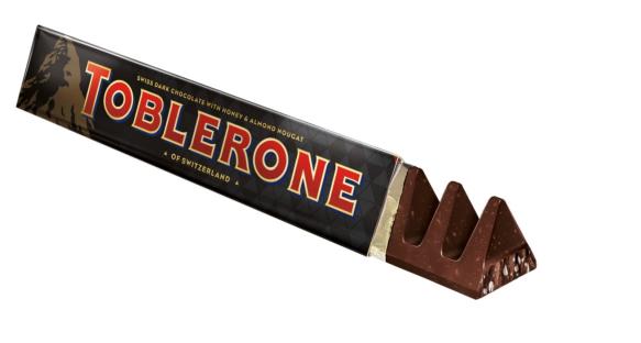 Toblerone dark chocolate bar with honey and almond nougat.