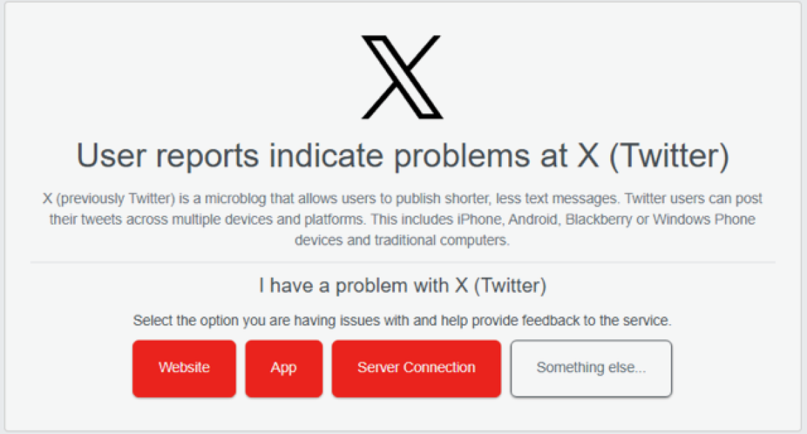 Screenshot of X (Twitter) service status page reporting problems.