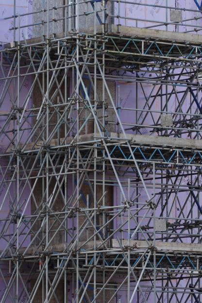 Scaffolding on an abandoned student accommodation block.