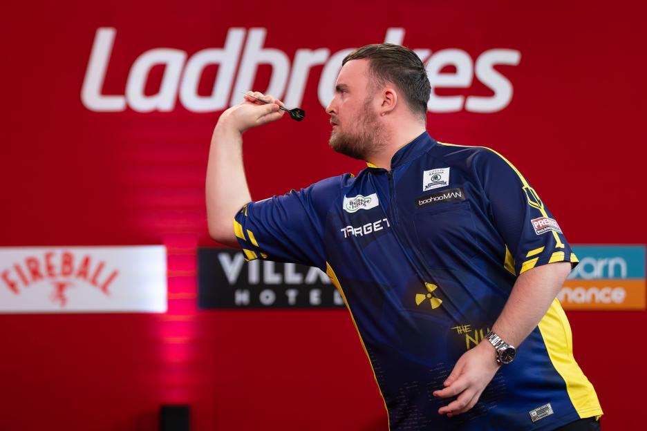 Luke Littler participating in his Quarter-Final match during the 2024 Ladbrokes Players Championship.