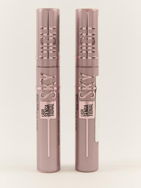 Two pink mascara tubes, labeled "Maybelline Lash Sensational Sky High"