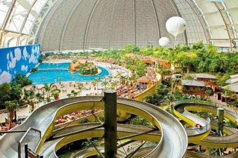 Tropical Islands Resort Berlin with water slides and a wave pool.