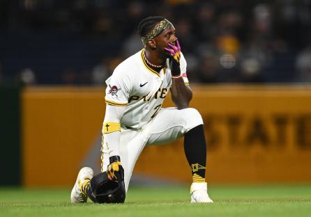 Andrew McCutchen #22 of the Pittsburgh Pirates looks on.