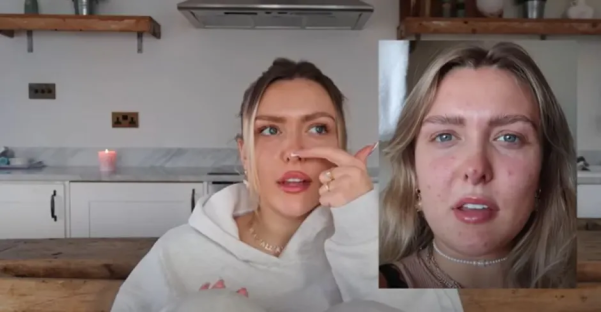 Woman demonstrating a skincare routine before and after.