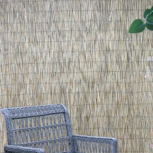 Wicker chair in front of a reed fence.
