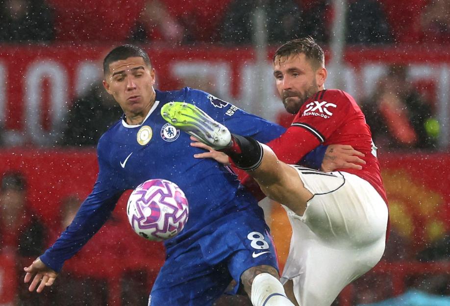 Chelsea's Enzo Fernandez in action with Manchester United's Luke Shaw.