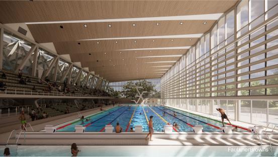 Illustration of an indoor swimming pool with spectators.