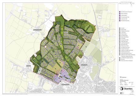 Illustration of Elms Park, a new sustainable neighborhood in Cheltenham, UK.