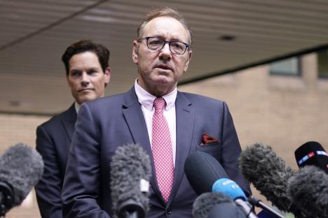 Kevin Spacey addressing the media.