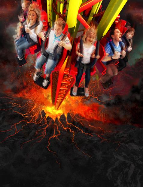 Illustration of people on a volcano-themed theme park ride.
