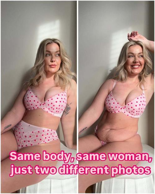 Two photos of the same woman in lingerie; one photo shows her stomach posed to appear smoother, the other shows her natural body.