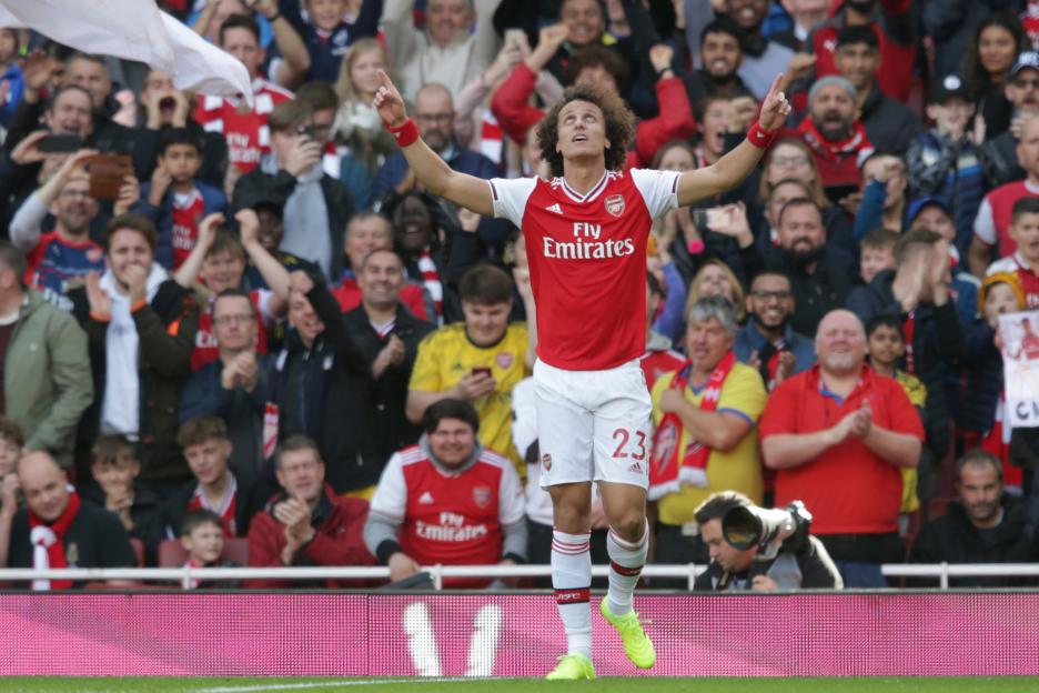 David Luiz of Arsenal celebrates after scoring a goal against AFC Bournemouth.