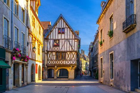 Medieval houses on a street in Dijon, France.