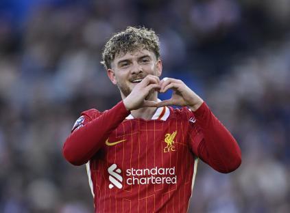 Harvey Elliott of Liverpool making a heart shape with his hands.