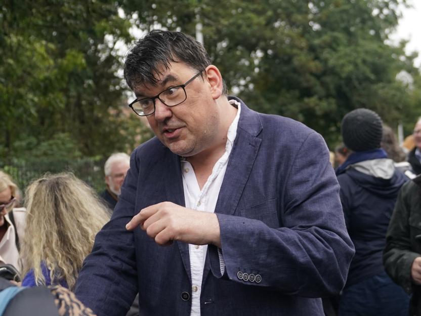 Graham Linehan speaking at a rally.