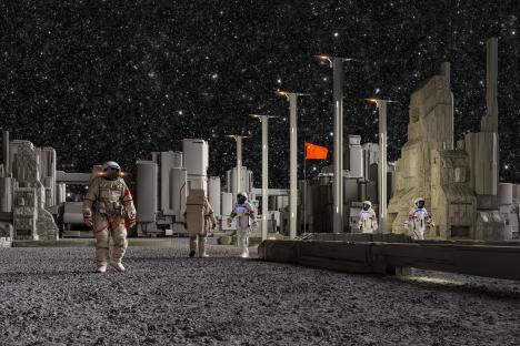 Illustration of Chinese astronauts at a moon base.