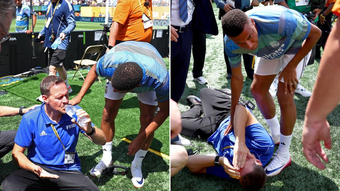 Kylian Mbappe rushes over to check on man after he is knocked over by ball in warm-up to Club World Cup clash