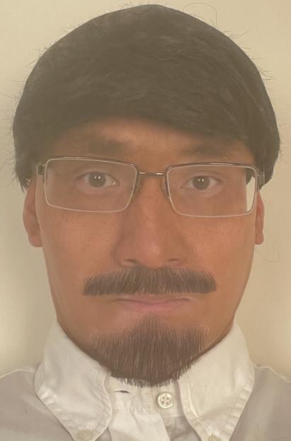A man wearing glasses, a fake mustache, and a goatee.