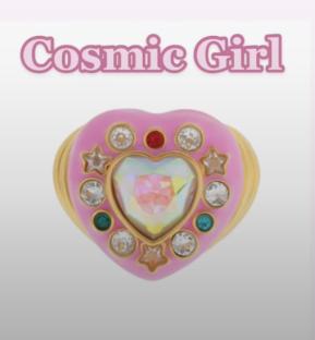 Screenshot of a phone showing a pink heart-shaped ring with stars and jewels, titled "Cosmic Girl," from July Child Jewellery.