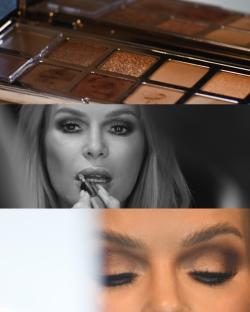 Collage of Amanda Holden applying makeup.