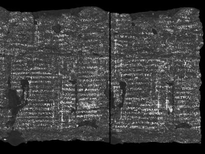 AI-enhanced image of a burnt ancient scroll with Greek text.
