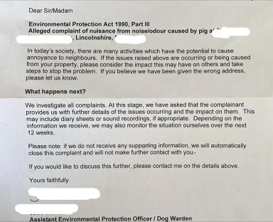 Photo of a council letter regarding a noise complaint about a pig.