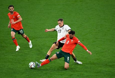 Germany's Florian Wirtz in action during a soccer match against Portugal.