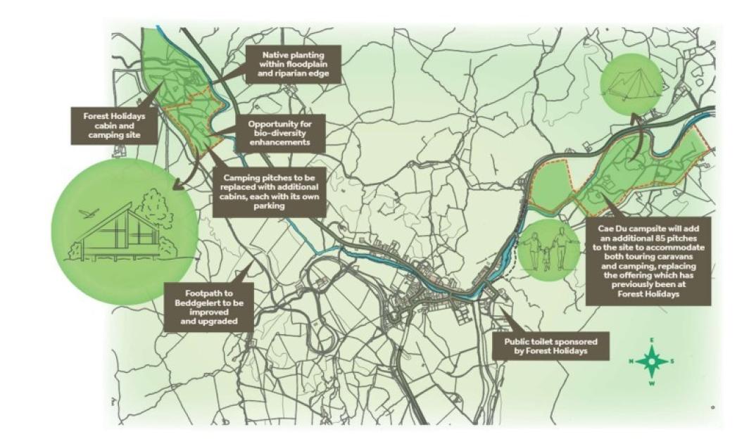 Illustration of a plan for a Forest Holidays cabin and caravan site in Beddgelert, Eryri National Park.
