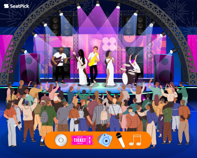 Illustration of a band performing on stage in front of a large audience.