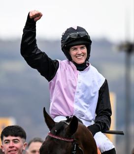 Jockey Rachael Blackmore celebrates a win at the Cheltenham Festival.