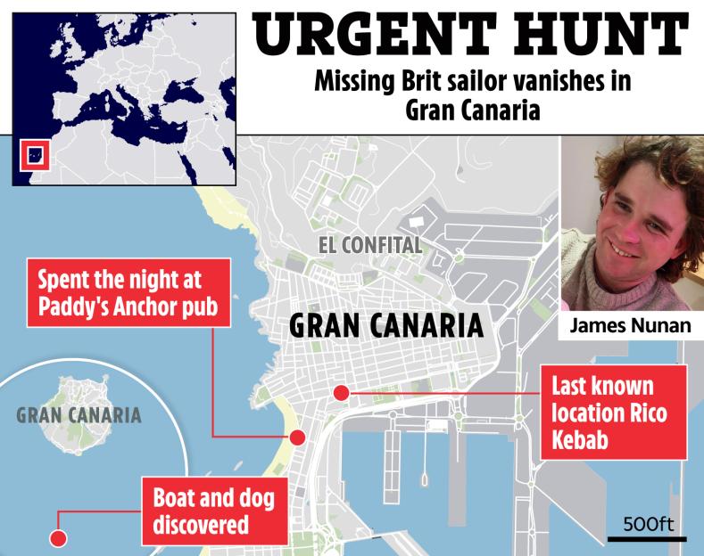 Map of Gran Canaria showing the last known location of missing sailor James Nunan.