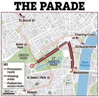 Map of the parade route through London's parks.