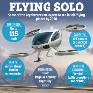 Illustration of a self-flying plane with key features highlighted.