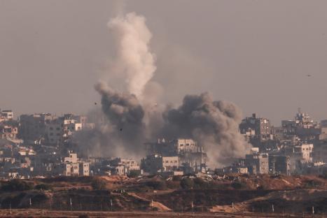 Smoke rises from an explosion in North Gaza near the Israel-Gaza border.