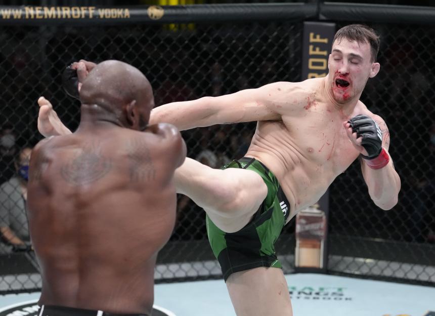 Photo of a UFC light heavyweight fight; one fighter kicks the other.