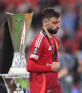 Bruno Fernandes with a runner-up medal after the UEFA Europa League Final.