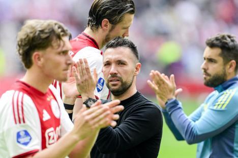 Ajax coach Francesco Farioli reacts after winning the Dutch Eredivisie.