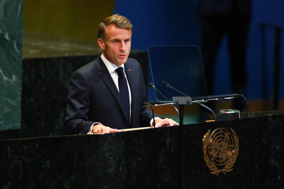 French President Emmanuel Macron speaking at a United Nations summit on Palestinians.