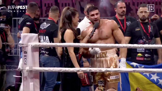 Post-fight interview with a boxer in Budapest.