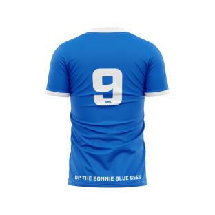 Back view of a blue Calstock FC soccer jersey with the number 9.