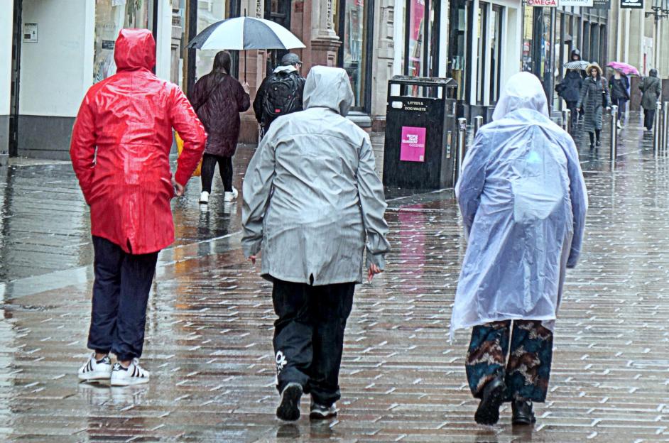 People in raincoats walking down a city street on a wet day.