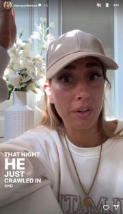 Stacey Solomon in an Instagram video, wearing a beige cap and sweatshirt, says "That night he just crawled in".
