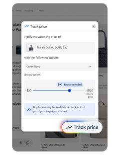 Illustration of a website screen showing a price tracking feature for a duffel bag.