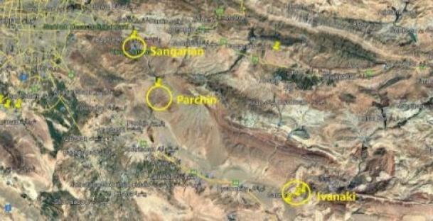 Satellite image showing locations of Sangarjan, Parchin, and Ivanaki in Iran.
