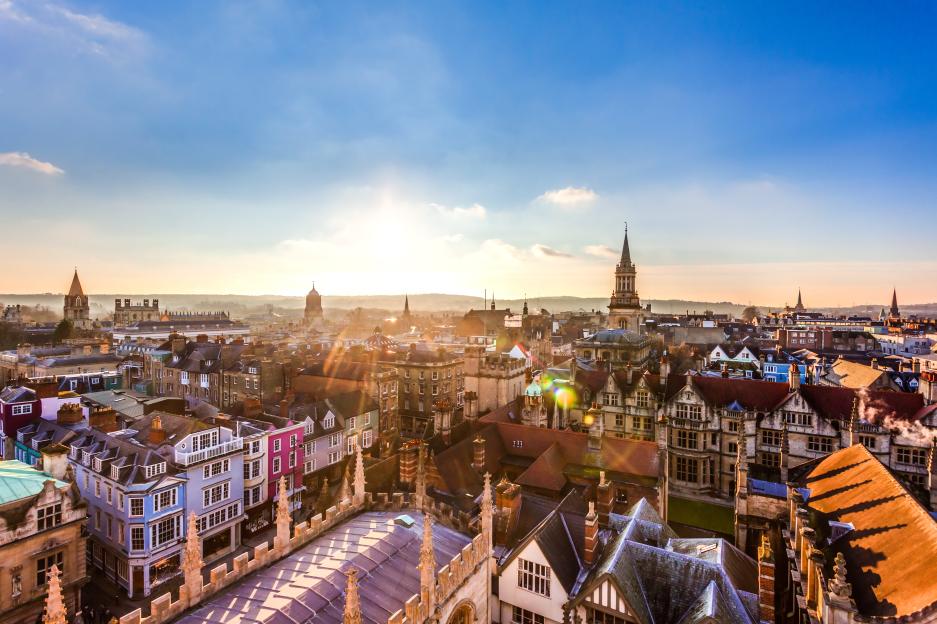 Aerial view of Oxford city, England, at sunset.