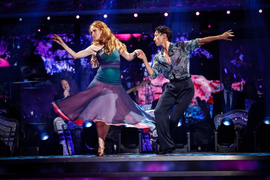 Angela Scanlon and Carlos Gu dancing on Strictly Come Dancing.