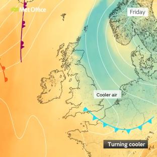 Weather map showing cooler air moving into the UK.