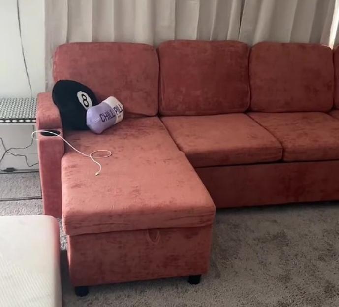 A pink sectional sofa with storage and two pillows.